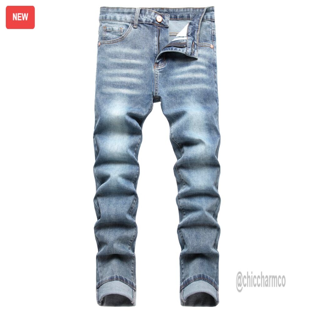 Men's Slim Fit Stretch Jeans Ripped Straight Leg Cargo Denim Pants